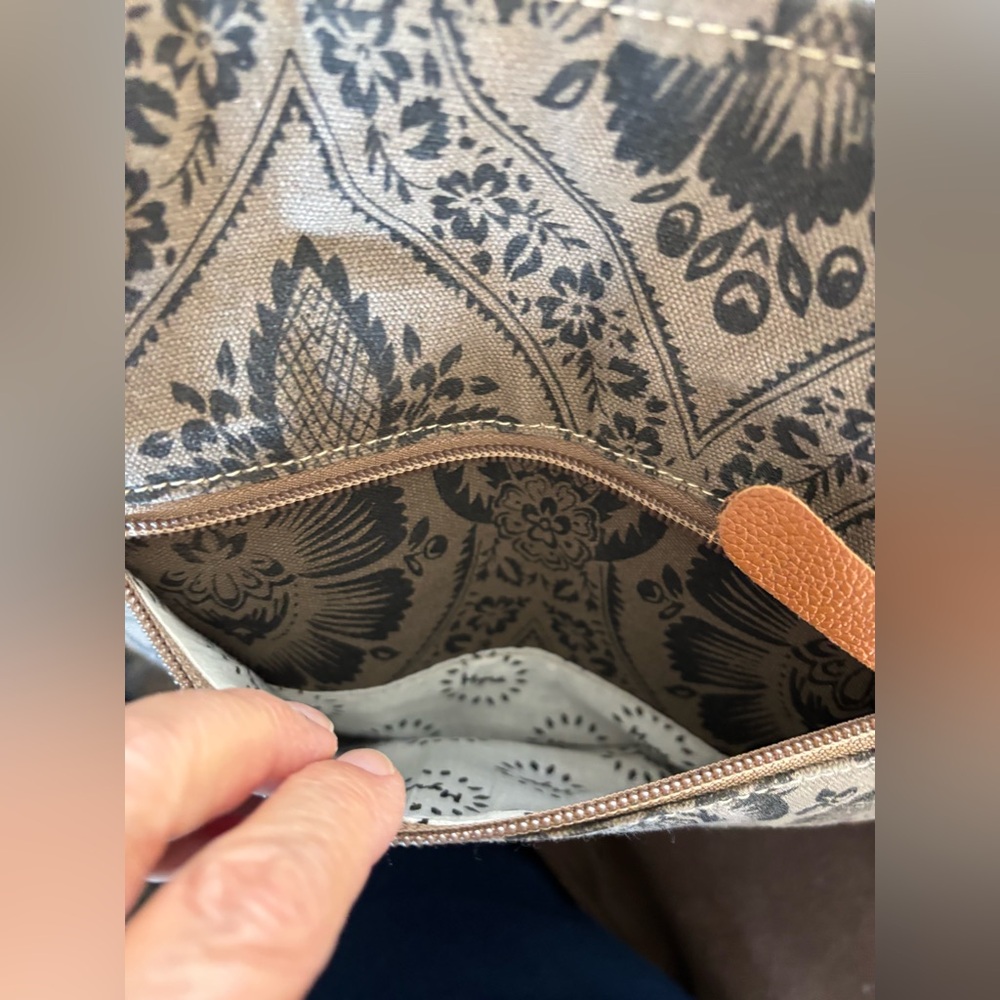 Myra Bag Grey & Blue Patterned Tote with Hair-On Trim - Picture 7 of 15